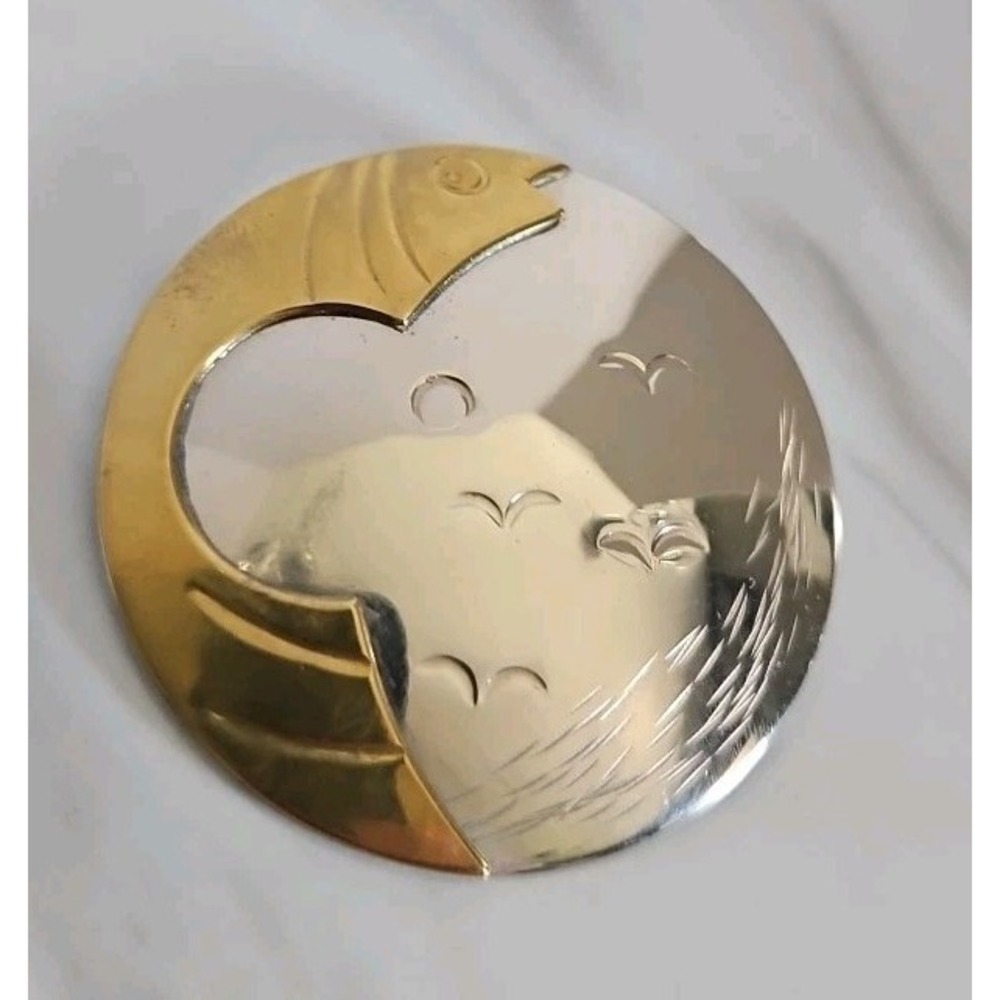 Large Brass Silver Tone Fish Lake Bird Pin Brooch